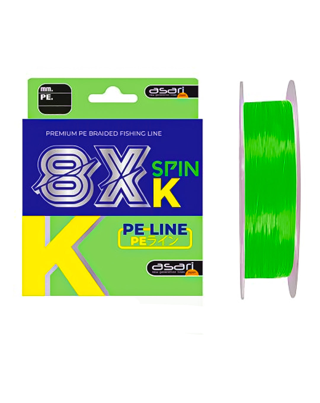 Multifilamento ASARI K-SPIN 8X  Línea Trenzada Verde Flúor para Rock Fishing y Spinning